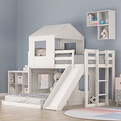 White Twin Over Full Size Wooden Bunk Beds with Slide M459883