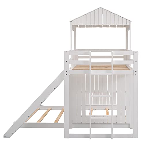 White Twin Over Full Size Wooden Bunk Beds with Slide M459883