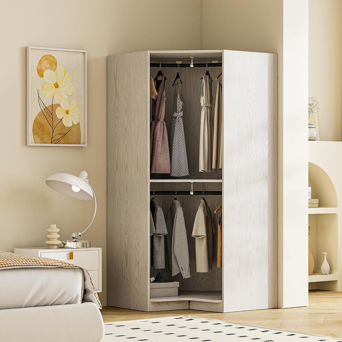 Natural Open Style Wooden Corner Wardrobe Closet with 2 Hanging Rails and Shelves R170072