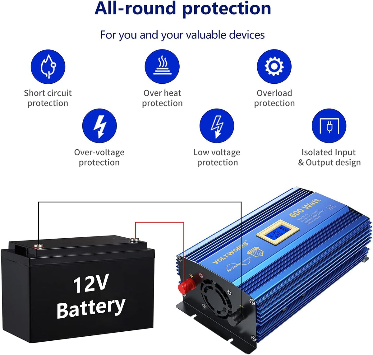 600 Watts Pure Sine Wave Power Inverter 12V to 110V 120V with USB Port & LCD Display I6902