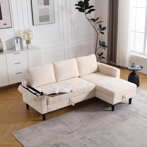 Beige L Shape Chenille Pull Out Sofa Bed A52961