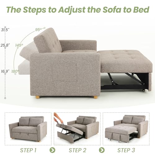 3-in-1 Convertible Sofa Bed, Linen Fabric Sleeper Couch, 49" 2-Seater Loveseat Futon Sofa W601095
