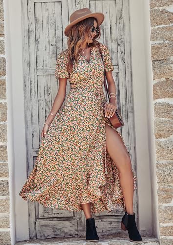 Women's Summer Wrap Maxi Dress Boho Floral V Neck Short Sleeve Ruffle Hem Split Beach Long Dresses X2916
