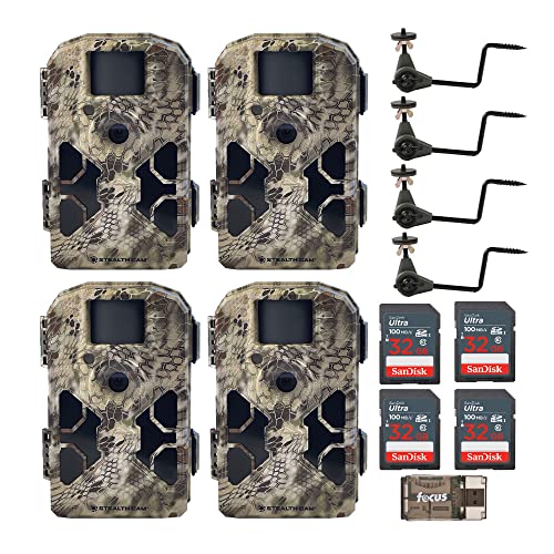 32MP Trail Camera (4-Pack) with Tree Mounts, No-Glow Flash, 100-Ft. IR Range, Kryptek Camo Bundle with Holder, 32GB Card, and Card Reader I54321