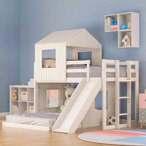 White Twin Over Full Size Wooden Bunk Beds with Slide M459883