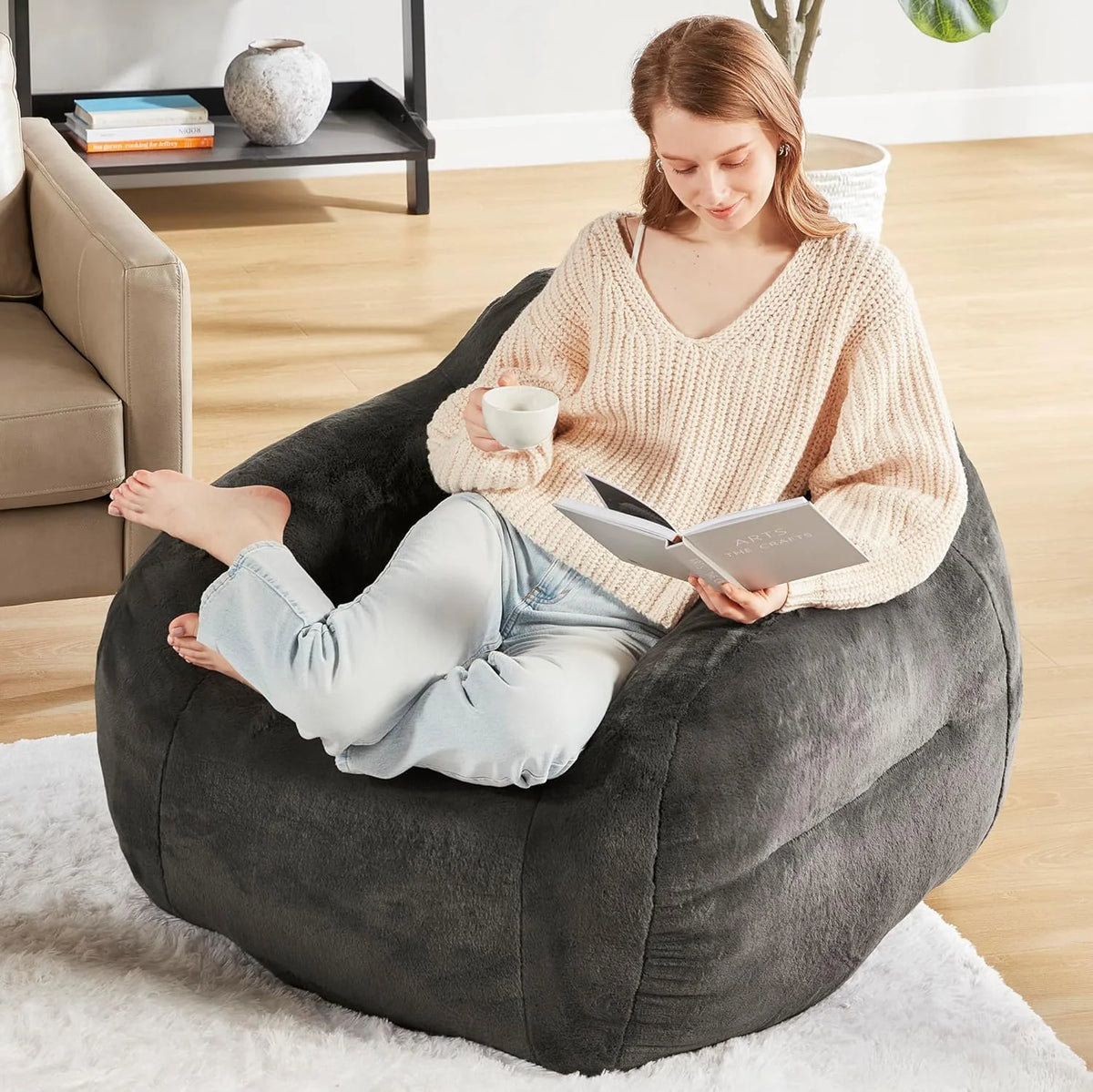 Grey Faux Fur Bean Bag Chair with Memory Foam Filler G678