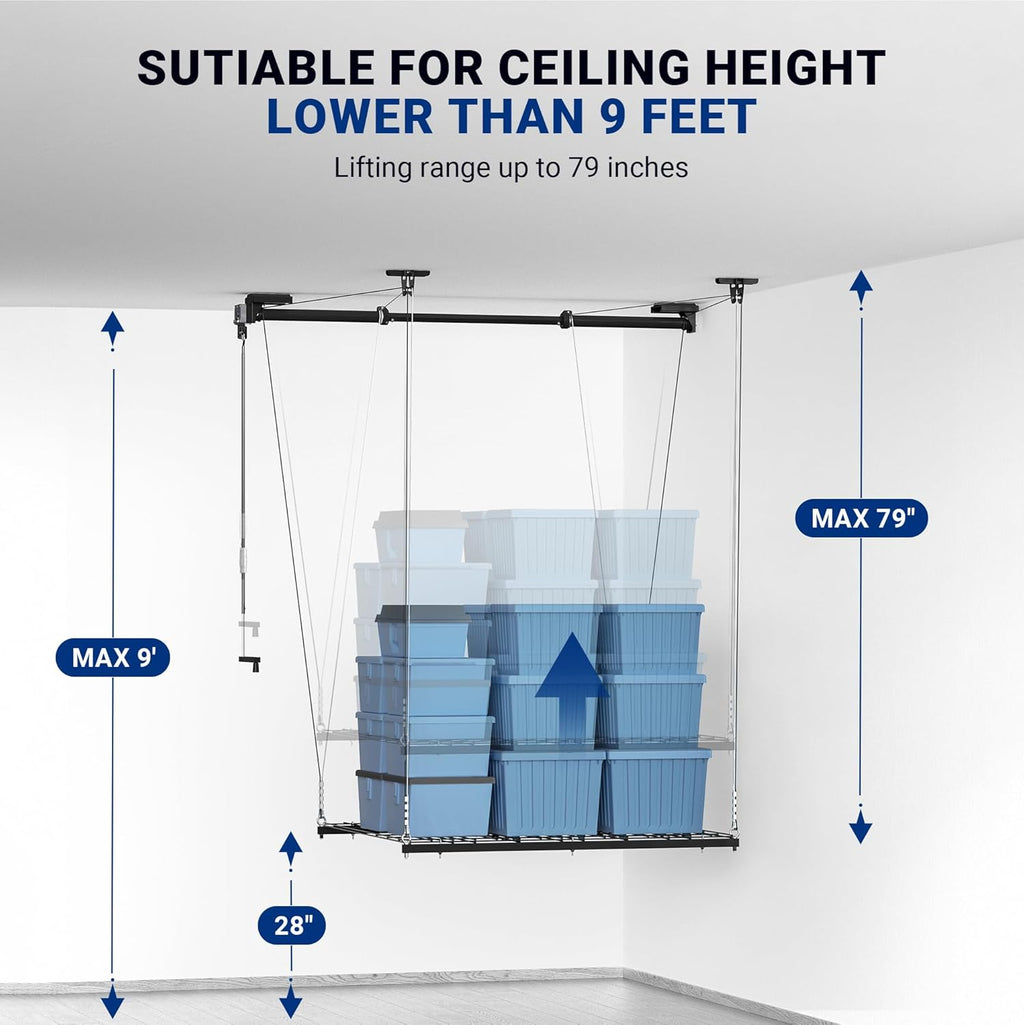 4x4 Ft Overhead Garage Storage Rack, Satin Black U49489