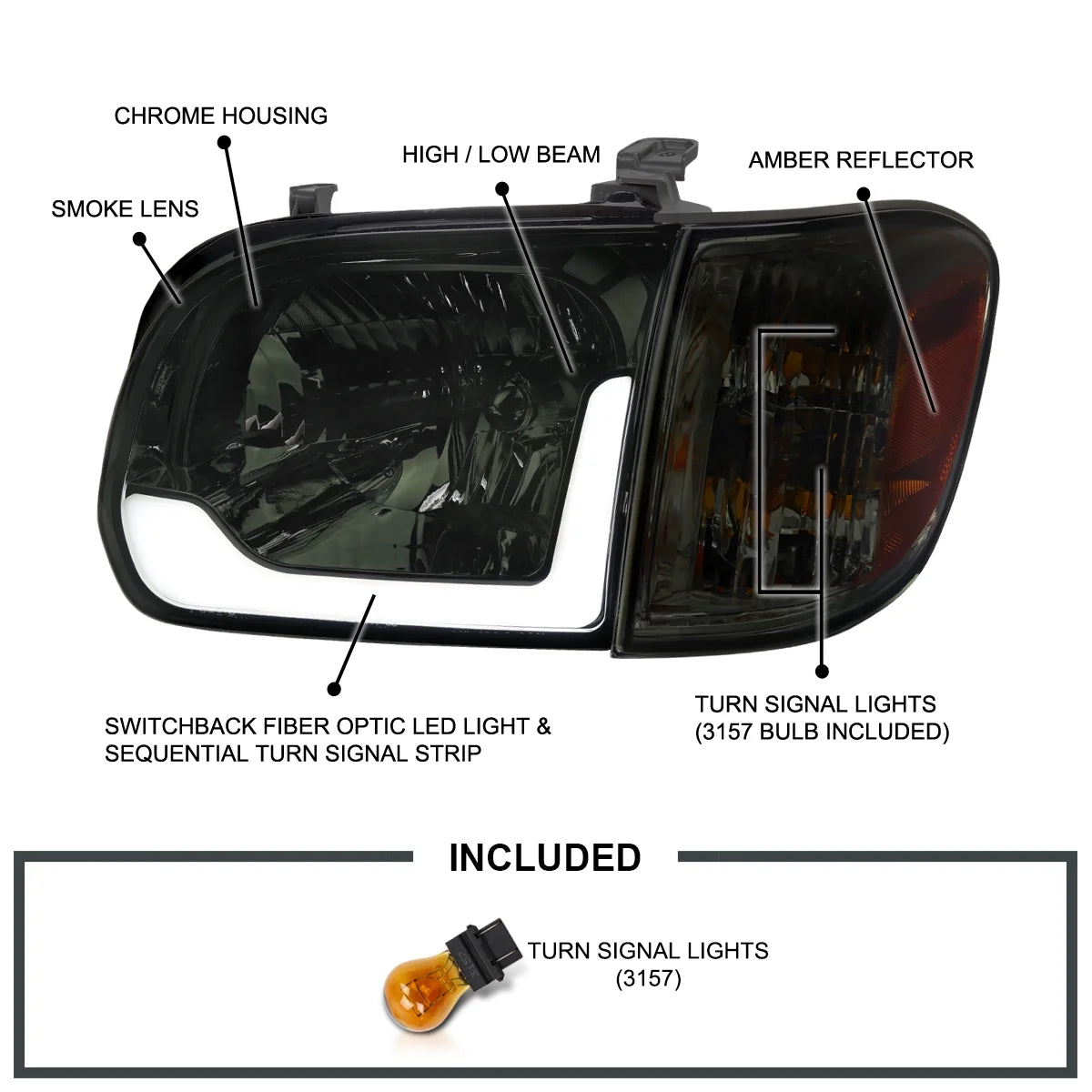 Chrome Housing Smoke Lens LED Headlights Pair V8215