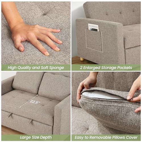 3-in-1 Convertible Sofa Bed, Linen Fabric Sleeper Couch, 49" 2-Seater Loveseat Futon Sofa W601095