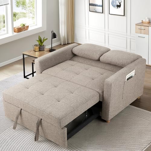 3-in-1 Convertible Sofa Bed, Linen Fabric Sleeper Couch, 49" 2-Seater Loveseat Futon Sofa W601095