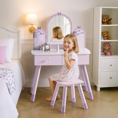 Purple Kids Vanity Set with Mirror, Chair and Storage Drawers T190