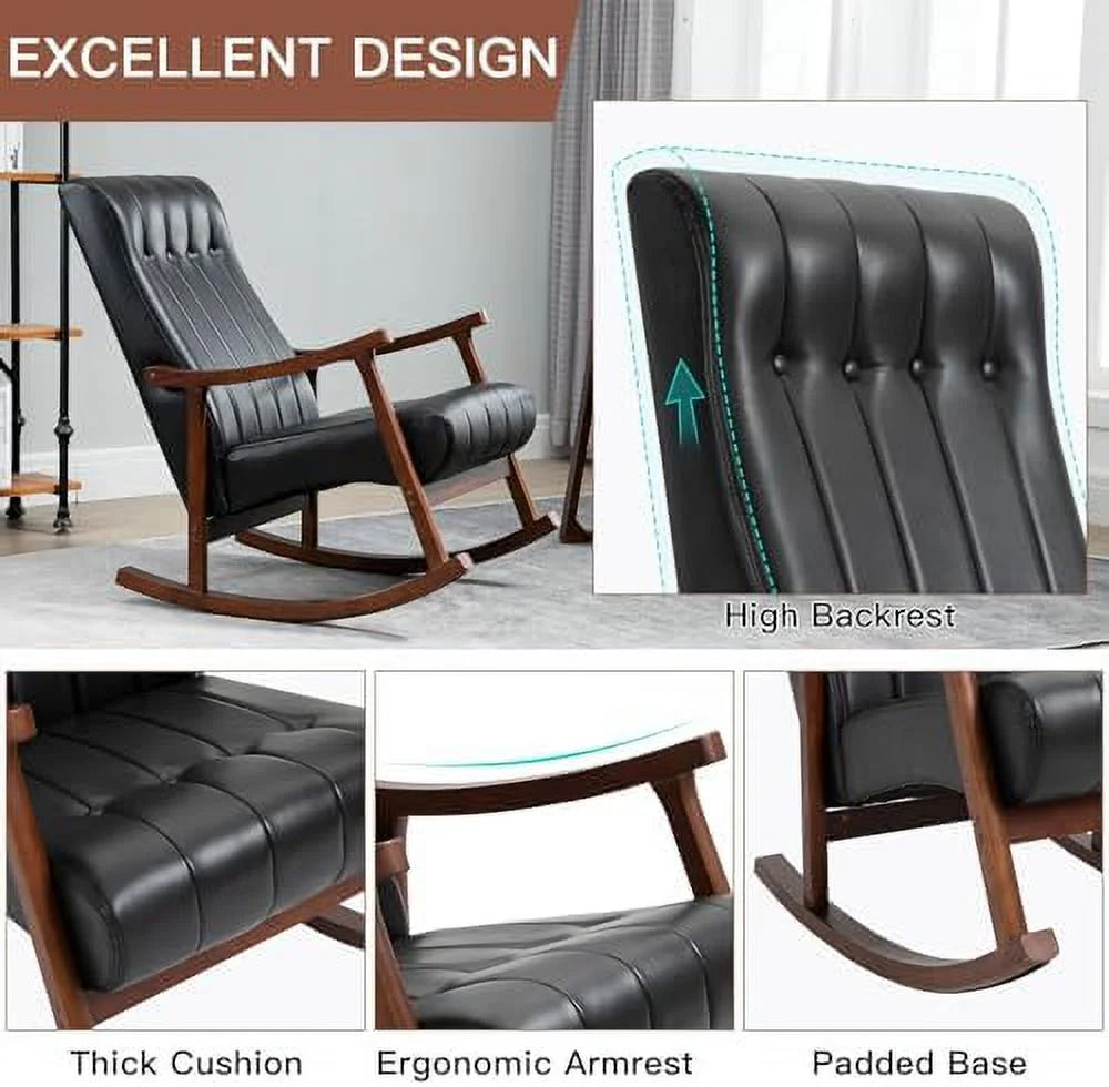 Upholstered Rocking Chair with Fabric Padded Seat Solid Wood High Back Armchair Grey S49555