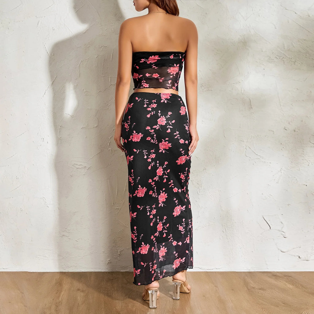 2Pcs Women Flower Print Strapless Mesh Tube Top with Low Waist Long Skirts U959