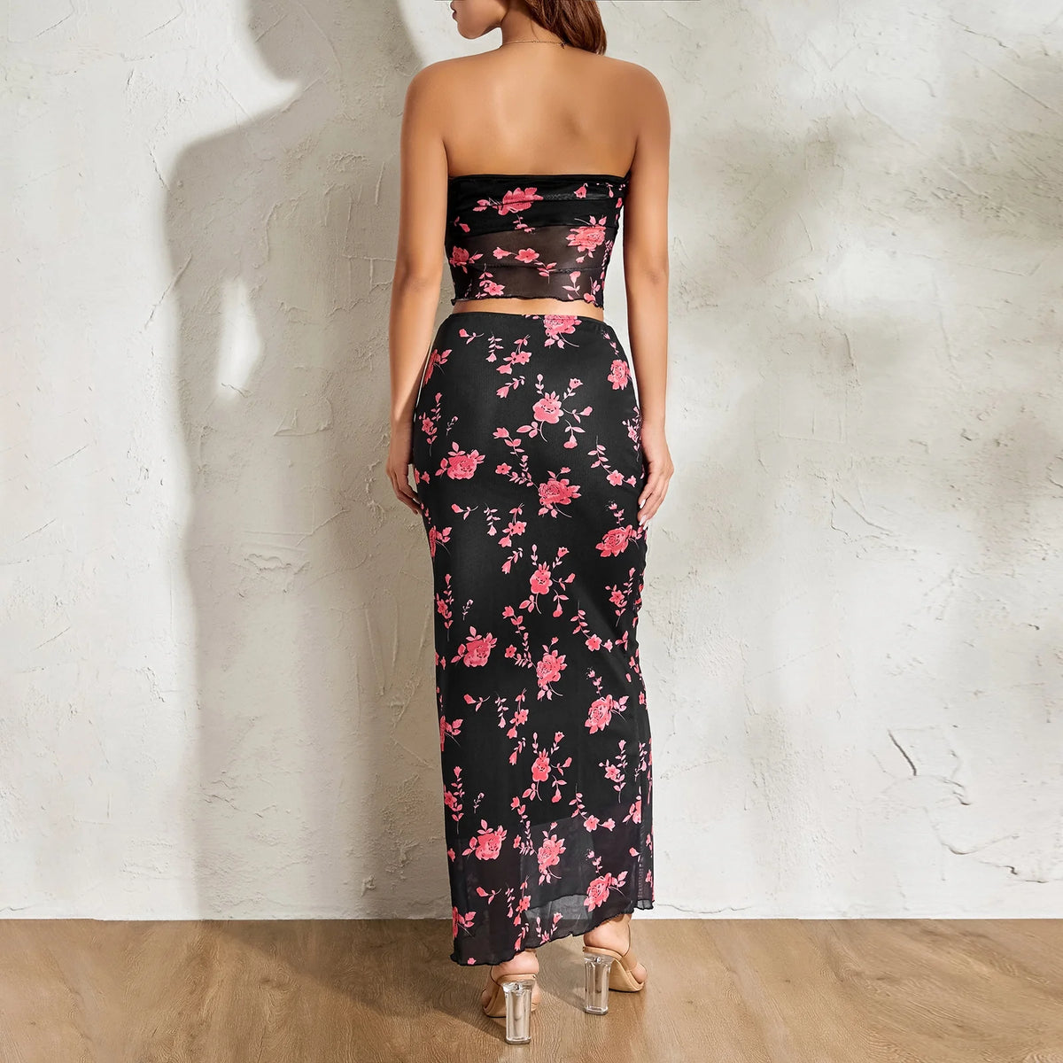 2Pcs Women Flower Print Strapless Mesh Tube Top with Low Waist Long Skirts U959