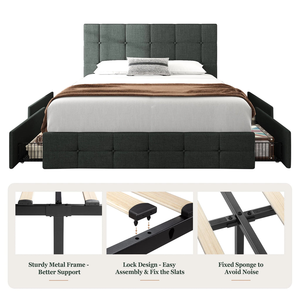 Queen Size Platform Bed Frame with Headboard and 4 Storage Drawers X154