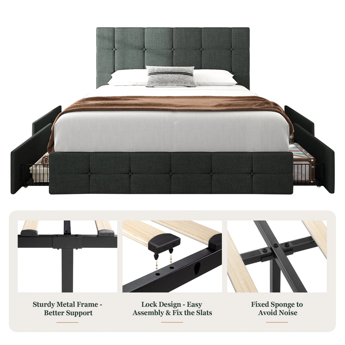Queen Size Platform Bed Frame with Headboard and 4 Storage Drawers X154