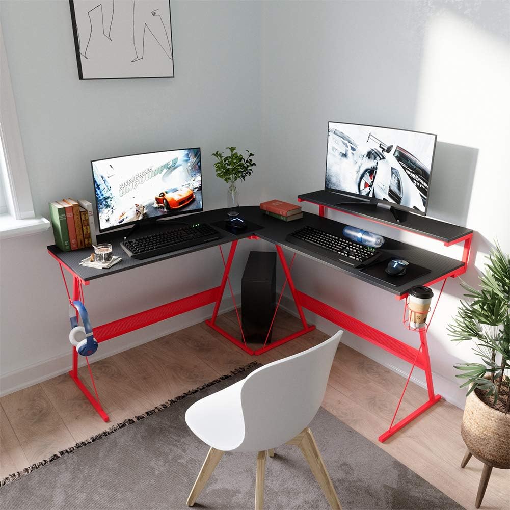 L-Shaped RGB Gaming Computer Desk with Shelf Carbon Black T776
