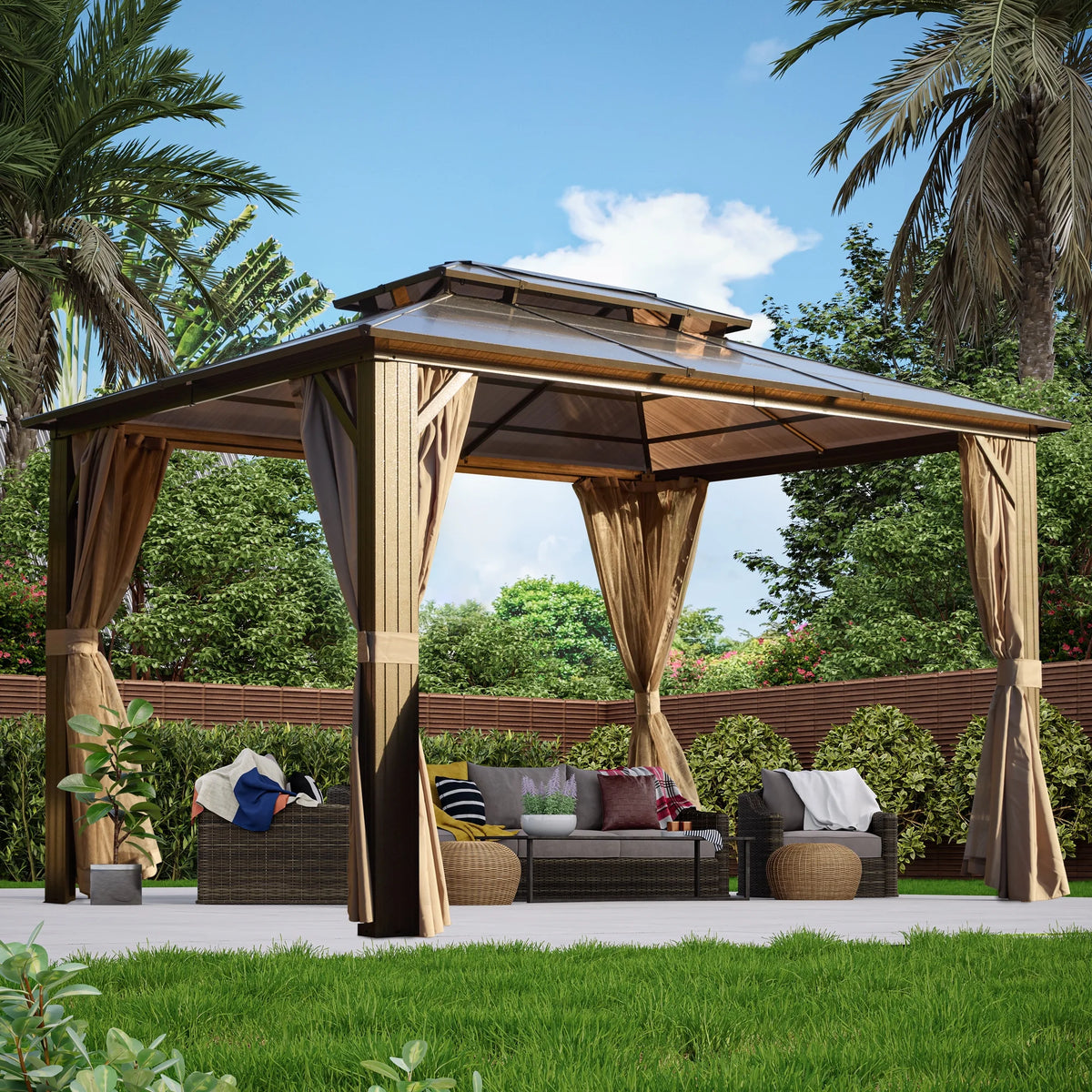 12'x16' Brown Polycarbonate Double Roof Hardtop Gazebo Canopy L25782