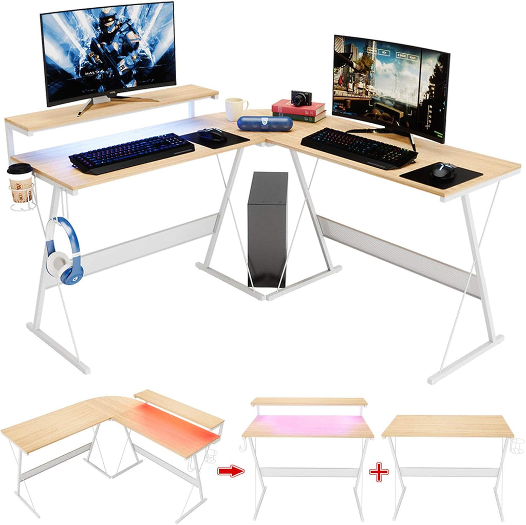 L-Shaped RGB Gaming Computer Desk with Shelf Carbon Black T776