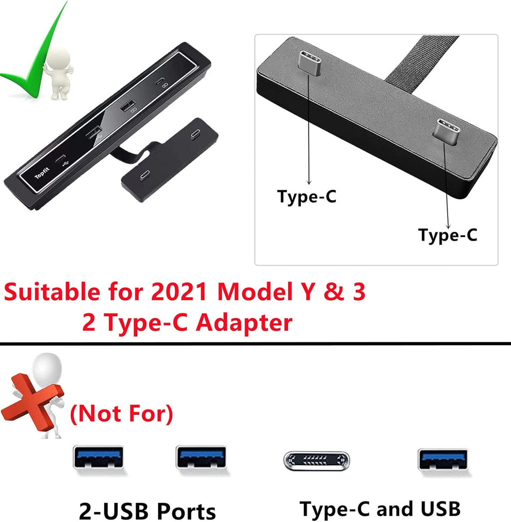 Black Pack of 2 USB Hub Center Console Adapter for Tesla Model Y Model 3 O3583