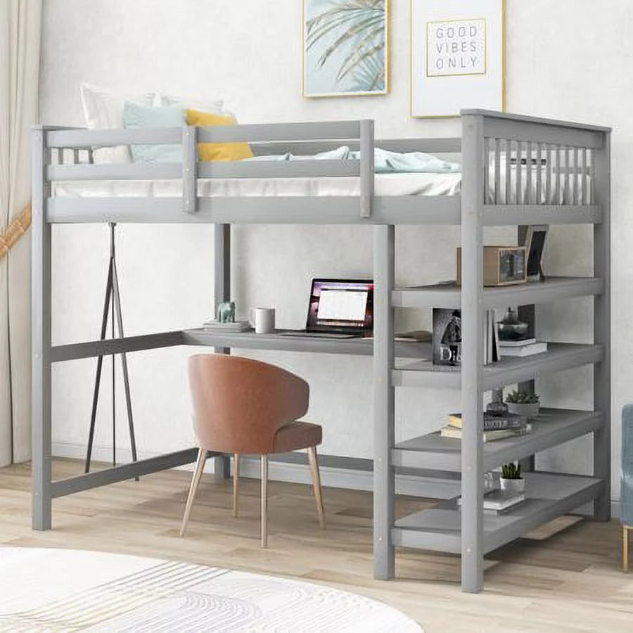Full Size Gray Rubber Wooden Loft Bed with Storage Shelves and Desk O87138