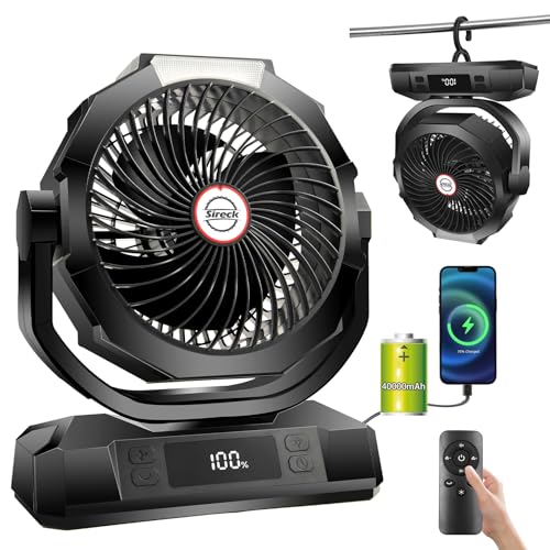 Camping Fan with LED Lantern, 40000mAh Rechargeable Portable Fan with Remote, Black R735
