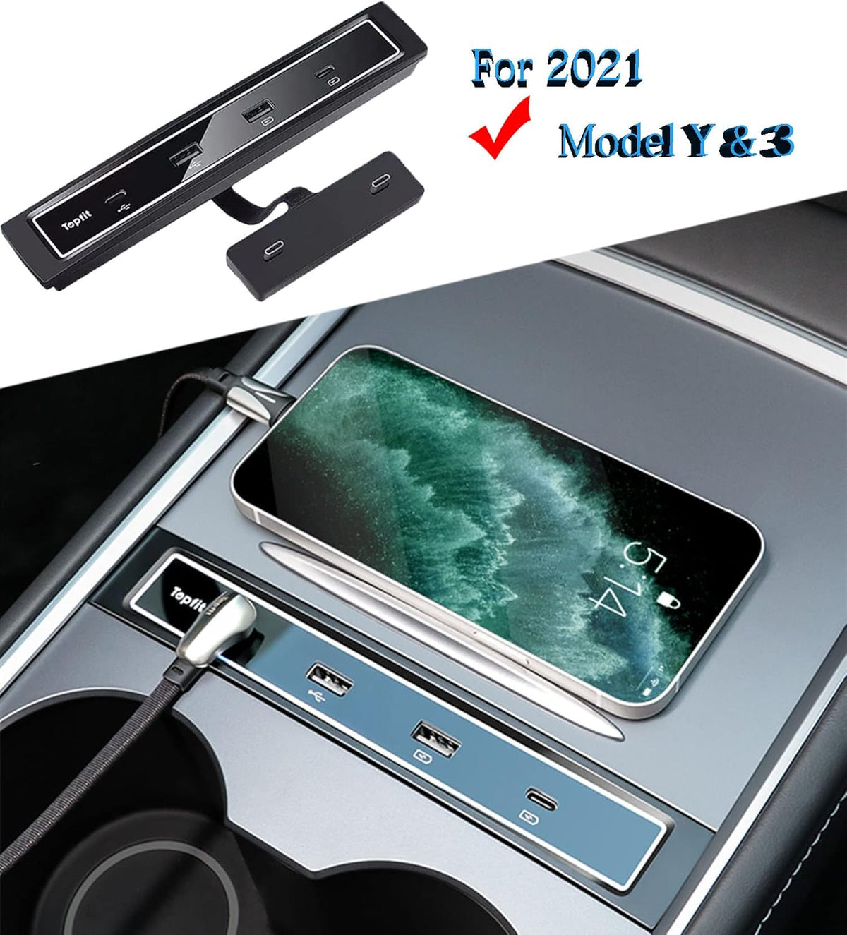 Black Pack of 2 USB Hub Center Console Adapter for Tesla Model Y Model 3 O3583