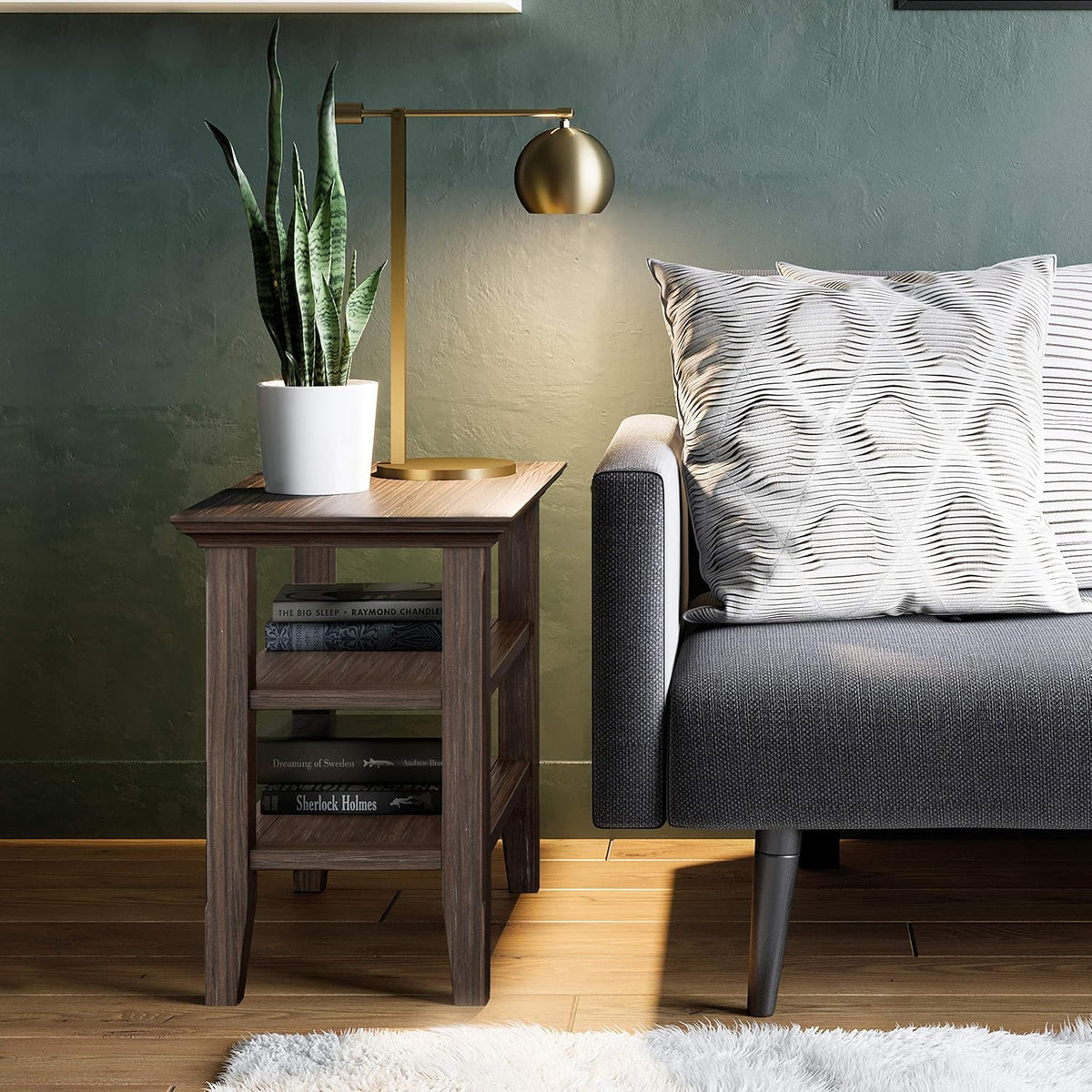 Black Solid Wood Narrow Side Table with 2 Shelves Z466196