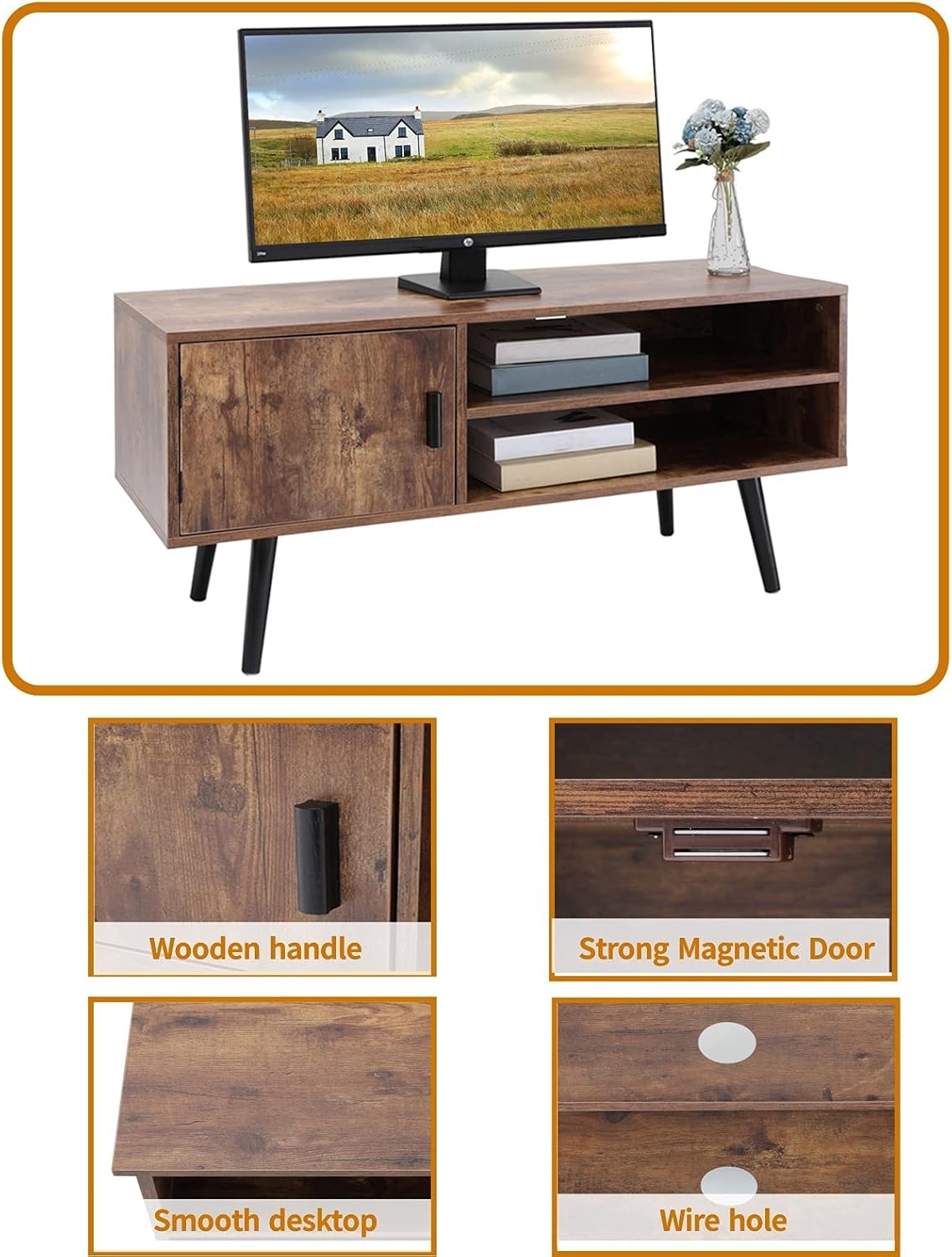 Rustic Brown TV Stand with Open Storage Shelves and Cabinet K78242