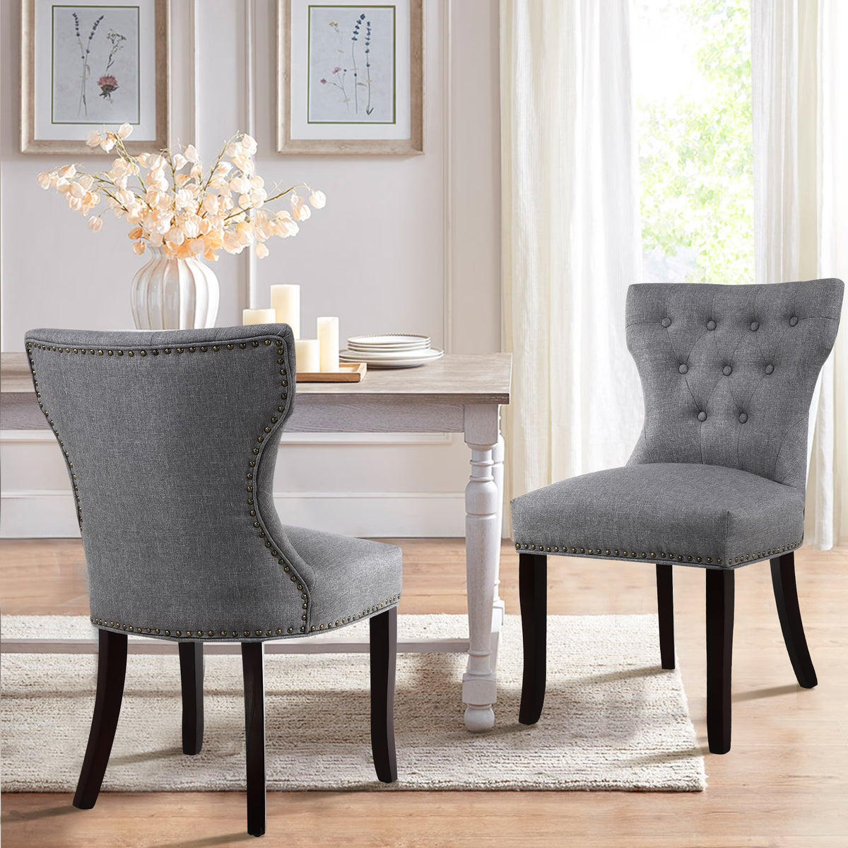 Gray Tufted Fabric Upholstered Wooden Dining Chair, Set of 2 Z777330