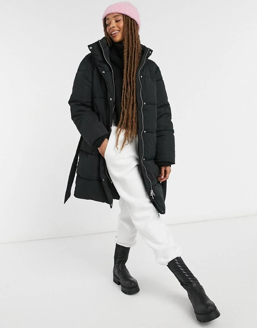 Padded Coat with Belt in Black J5483