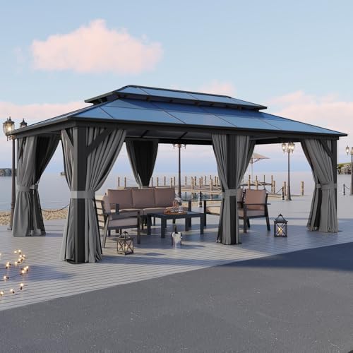 12'x16' Hardtop Aluminum Gazebo with Curtains and Netting R8558