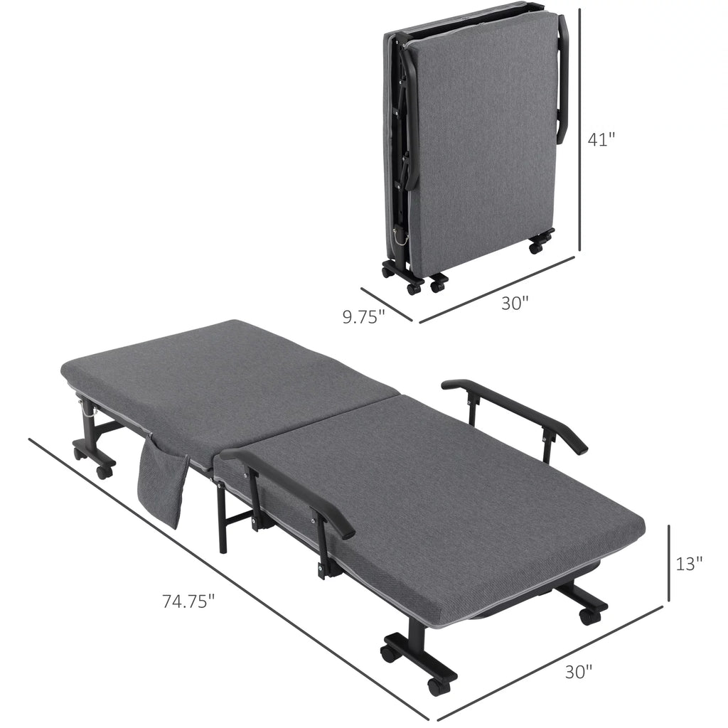 Folding Bed with 3.25" Mattress and Metal Frame on Wheels, Dark Grey O356571