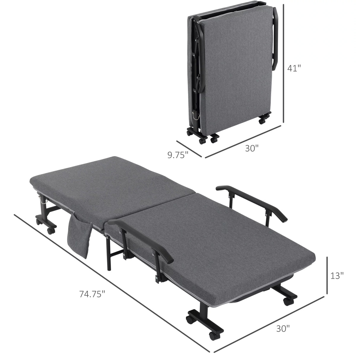 Folding Bed with 3.25" Mattress and Metal Frame on Wheels, Dark Grey O356571