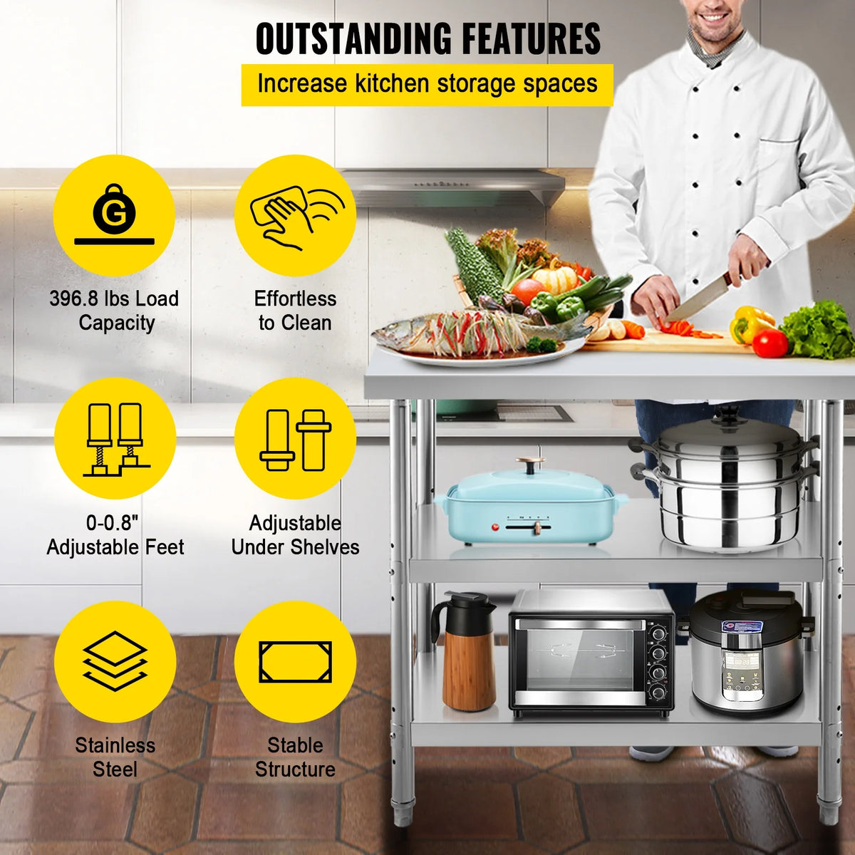 Stainless Steel Table with 2 Adjustable Undershelf V1419