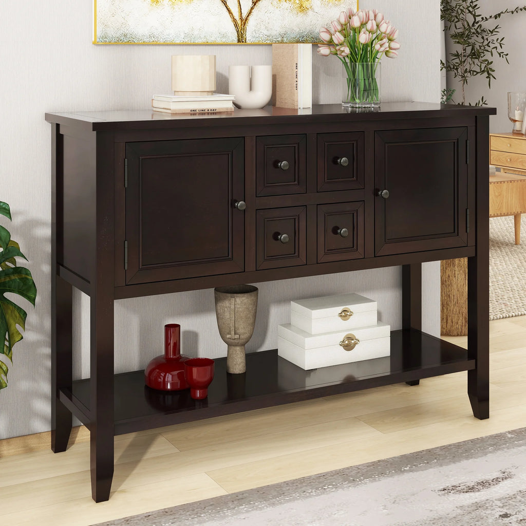 Vintage Console Table with Four Drawers and Bottom Shelf, Espresso A8569