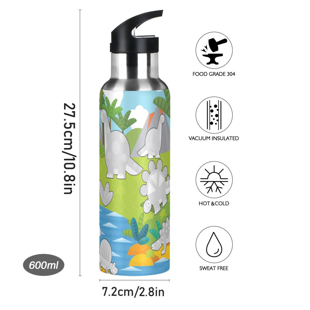 Gray Dinosaurs Stainless Steel Water Bottle with Straw Lid 20 OZ V479610