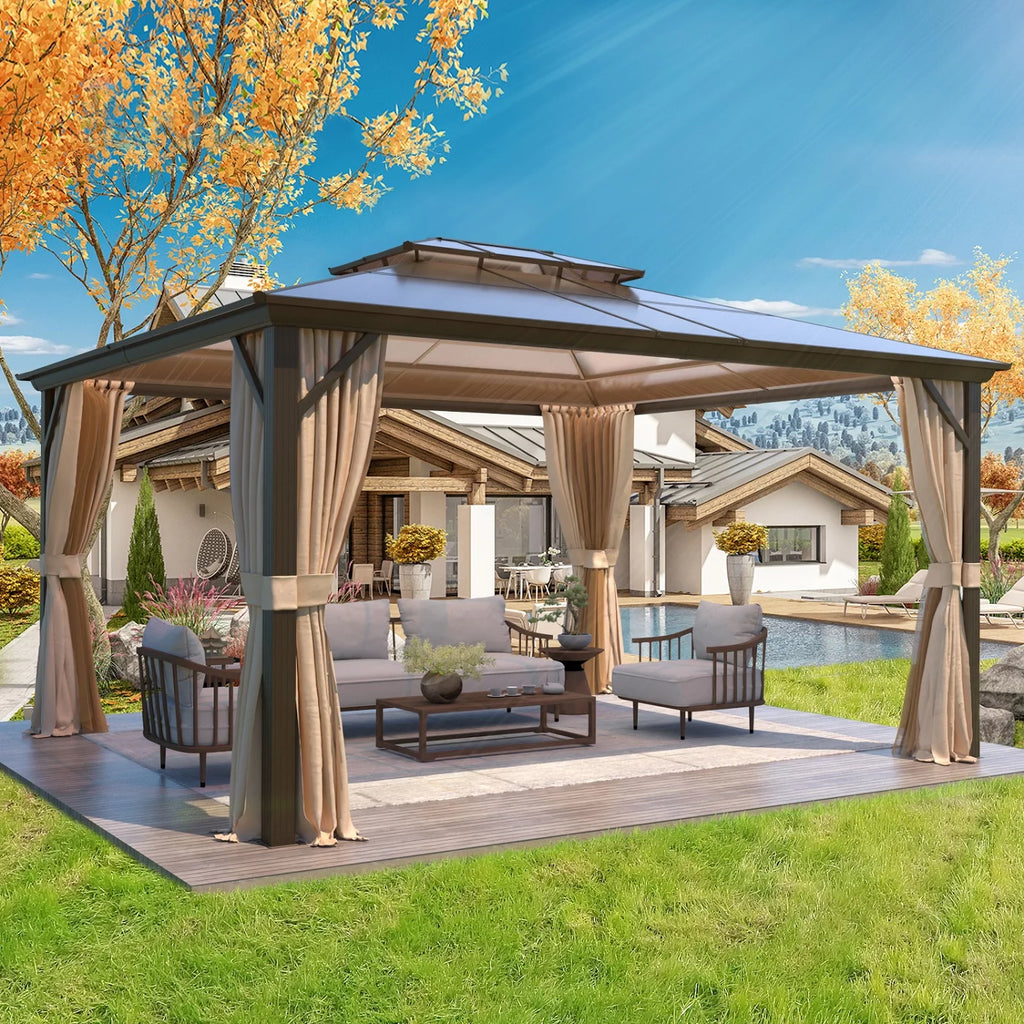 12'x16' Brown Polycarbonate Double Roof Hardtop Gazebo Canopy L25782