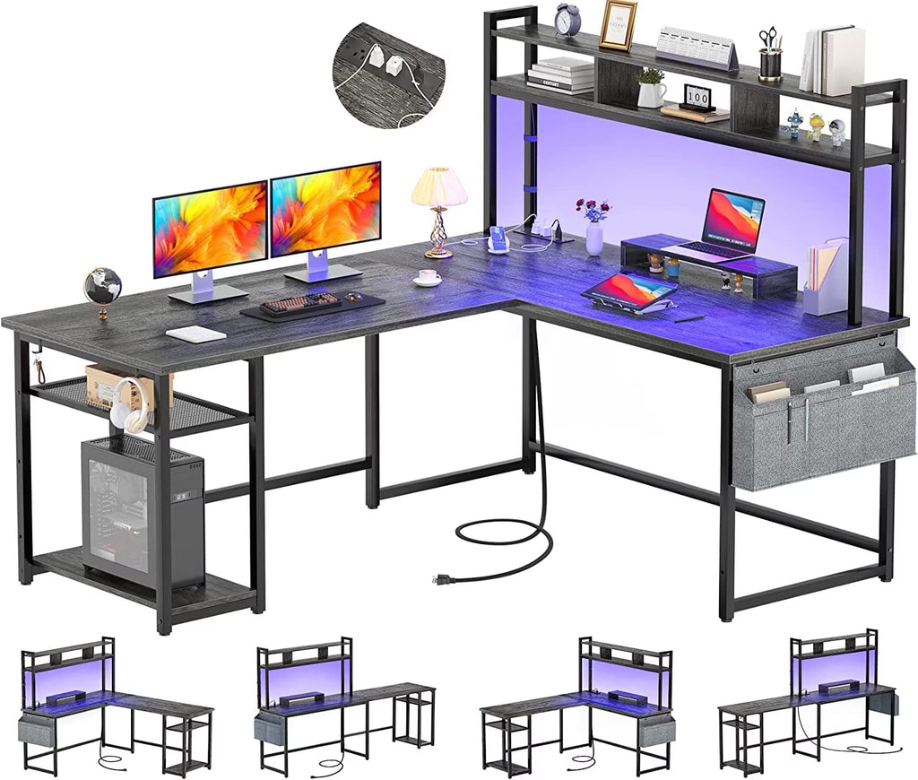 Grey Oak L Shaped Desk with Power Outlet & LED Strip U34409