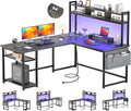 Grey Oak L Shaped Desk with Power Outlet & LED Strip U34409