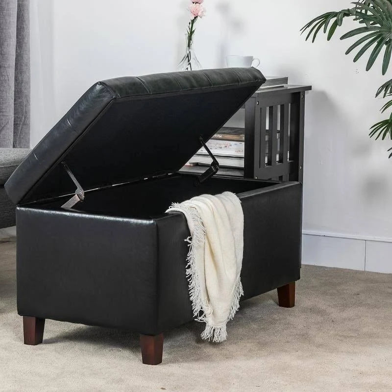 Black Button Tufted Faux Leather Storage Bench Ottoman D890