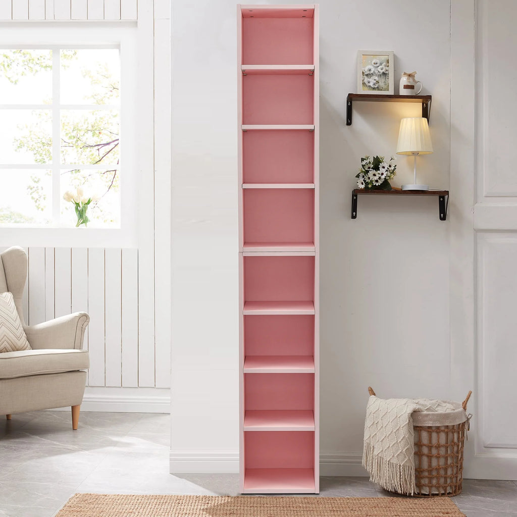 Pink 8-tier Wooden Bookshelf with Adjustable Shelves Q785626