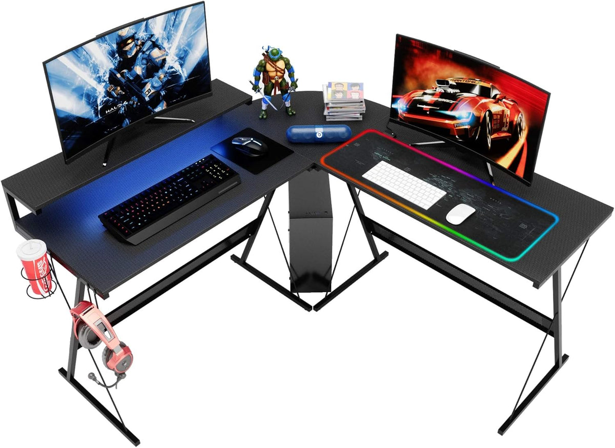 L-Shaped RGB Gaming Computer Desk with Shelf Carbon Black T776