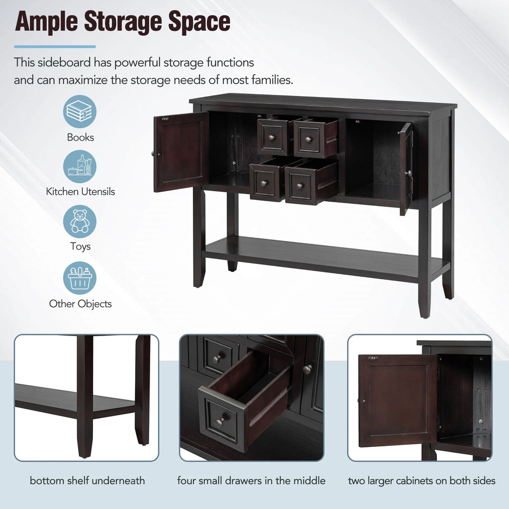 Vintage Console Table with Four Drawers and Bottom Shelf, Espresso A8569
