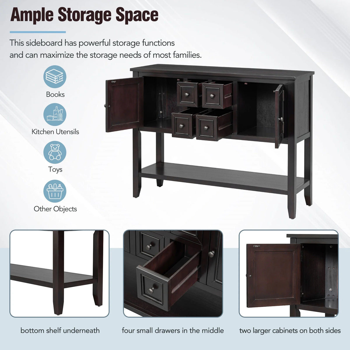 Vintage Console Table with Four Drawers and Bottom Shelf, Espresso A8569
