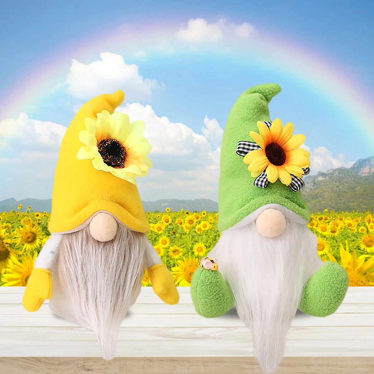 2Pc Faceless Dwarf Ornaments Rabbit Plush Doll Bee Festival Cartoon Sitting Posture Facing Sunflower H45941