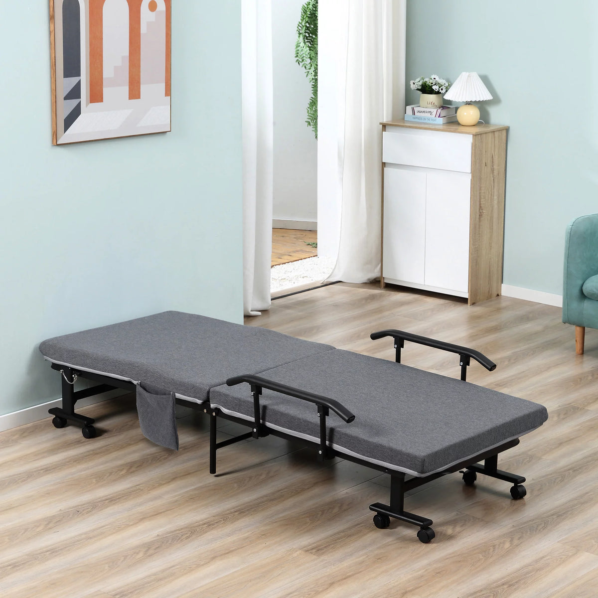 Folding Bed with 3.25" Mattress and Metal Frame on Wheels, Dark Grey O356571
