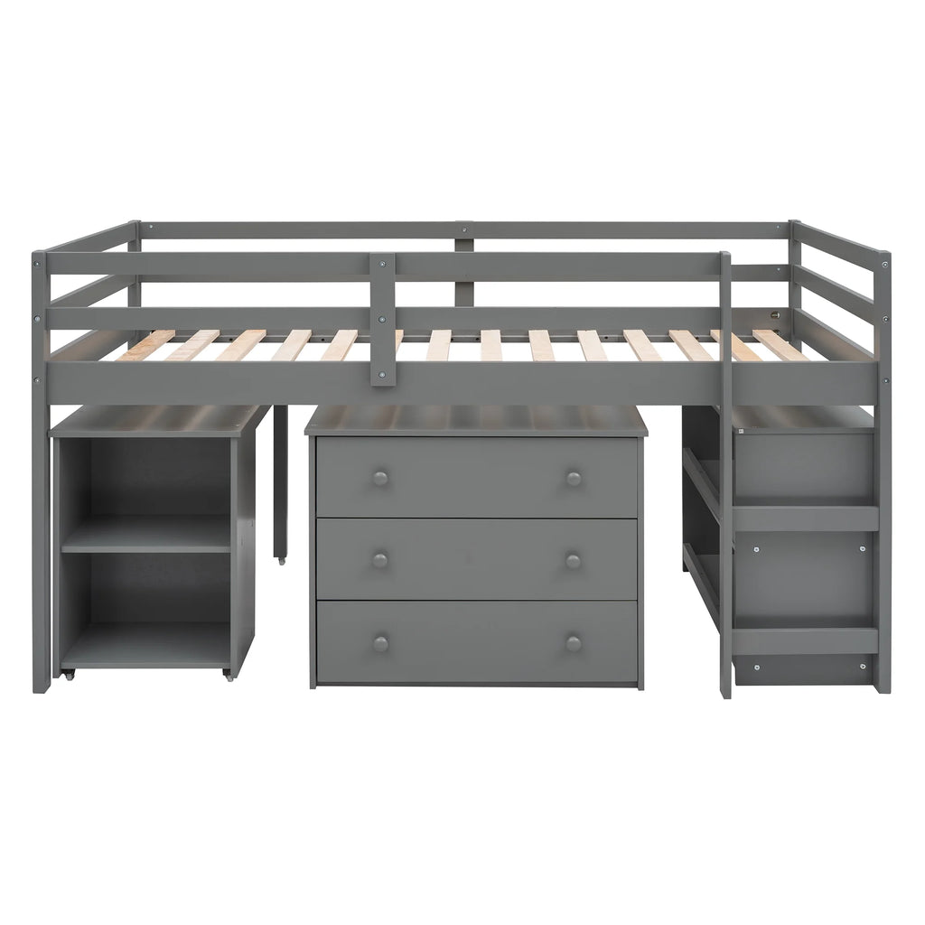 Twin Size Wood Loft Bed with Desk Storage Drawers and Bookcase C33822