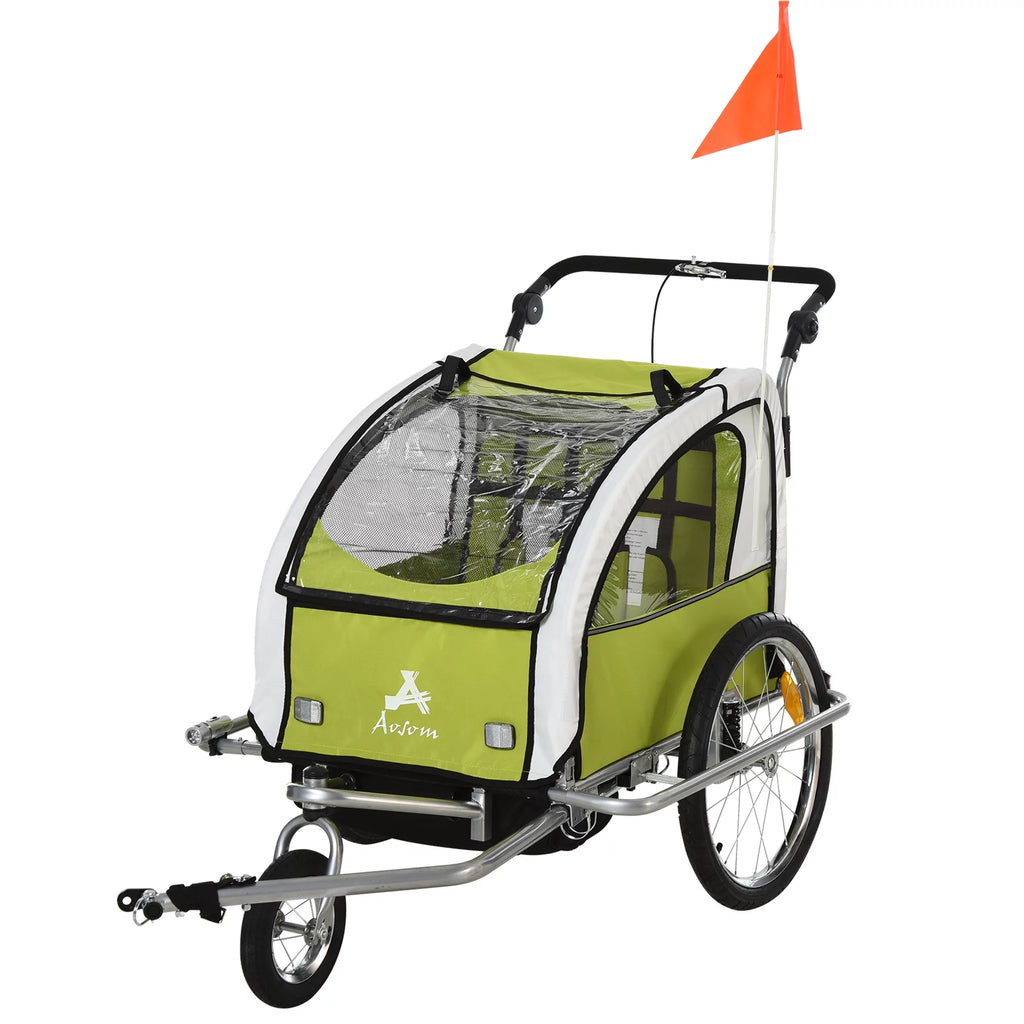 2-in-1 Double Child Two-Wheel Bicycle Cargo Trailer with 2 Safety Harnesses, Green X749