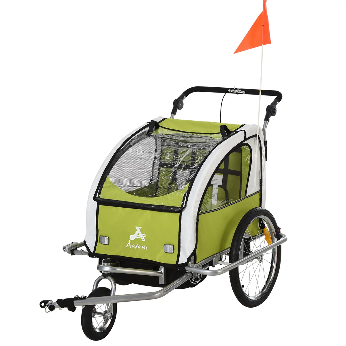 2-in-1 Double Child Two-Wheel Bicycle Cargo Trailer with 2 Safety Harnesses, Green X749